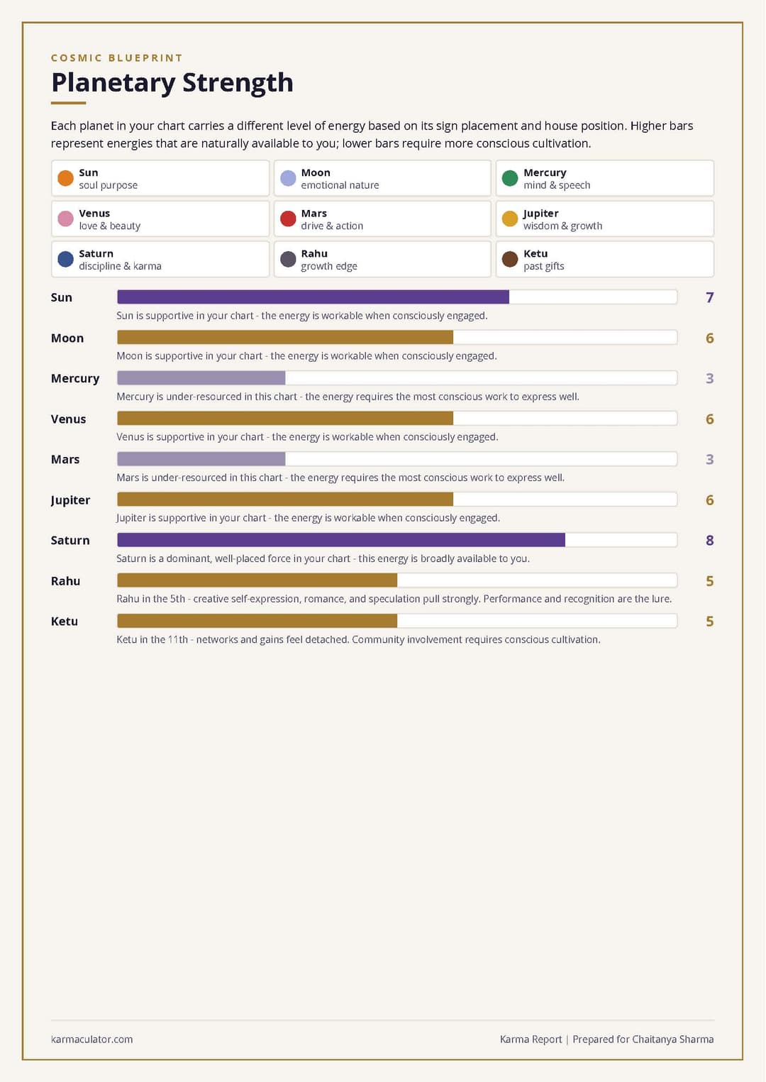 Your Karma Report, generated from your exact Vedic chart